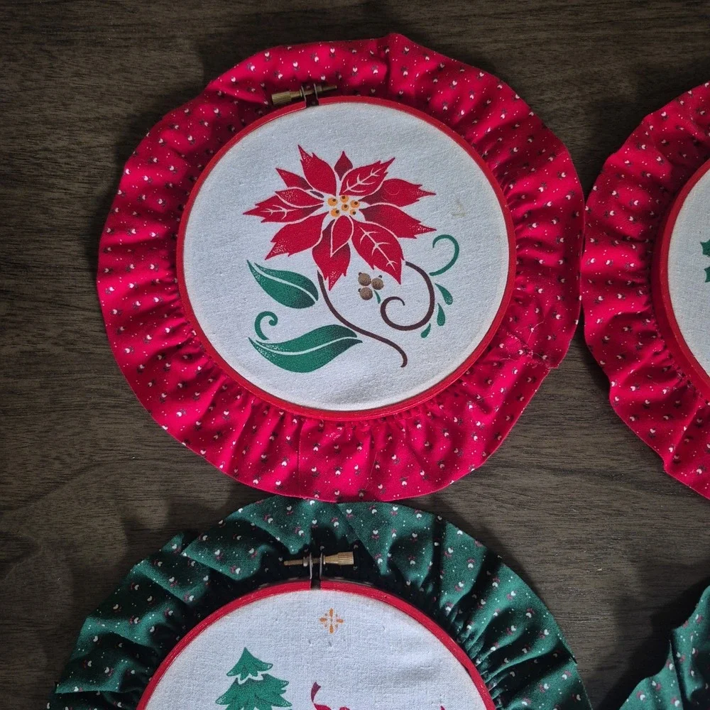 Vintage Christmas Wall Hangings in Embroidery Hoop Sleigh Tree Deer Set Lot 4